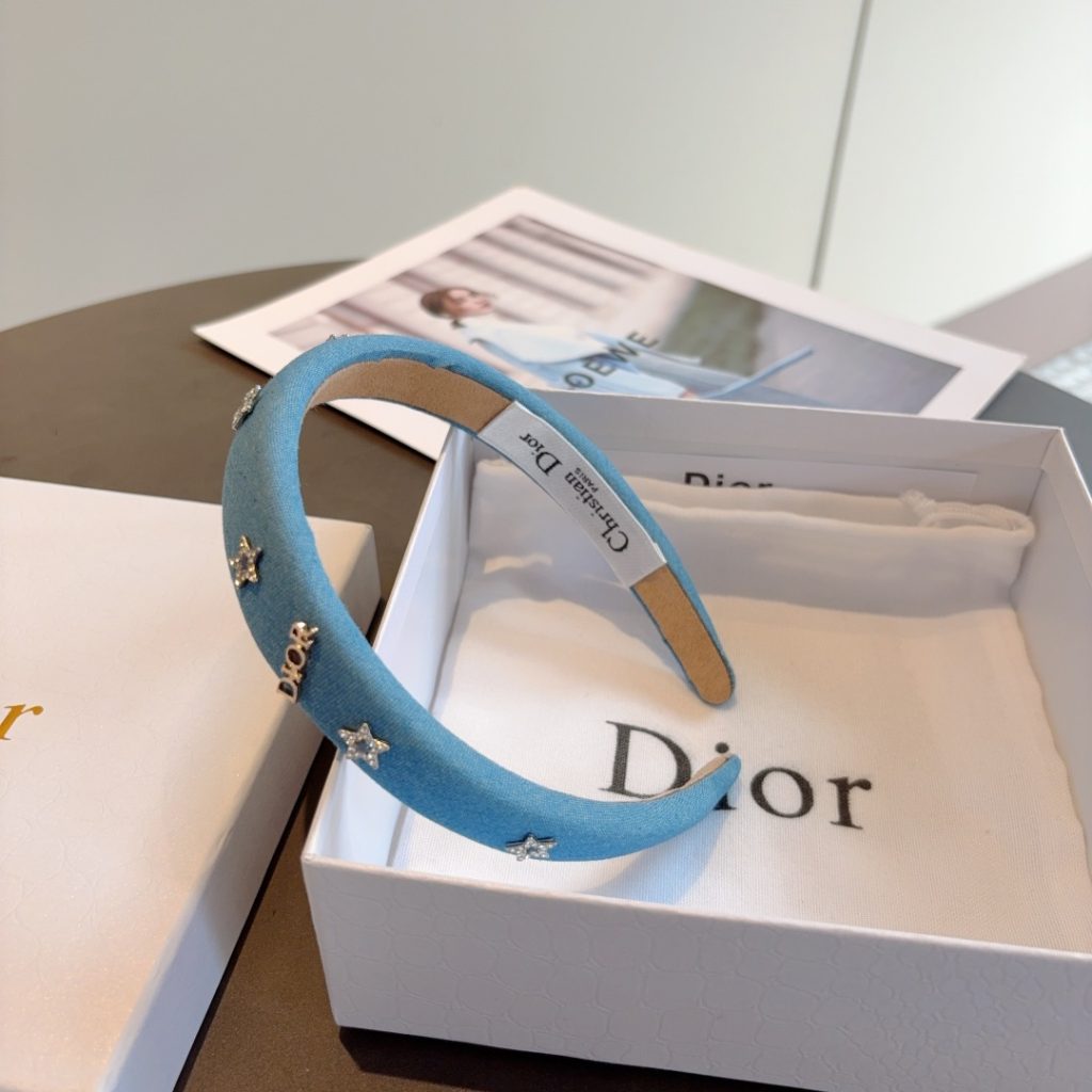 DIOR ディオール ヘアバンド 本革 デニム風 スター ブルー - 画像 6