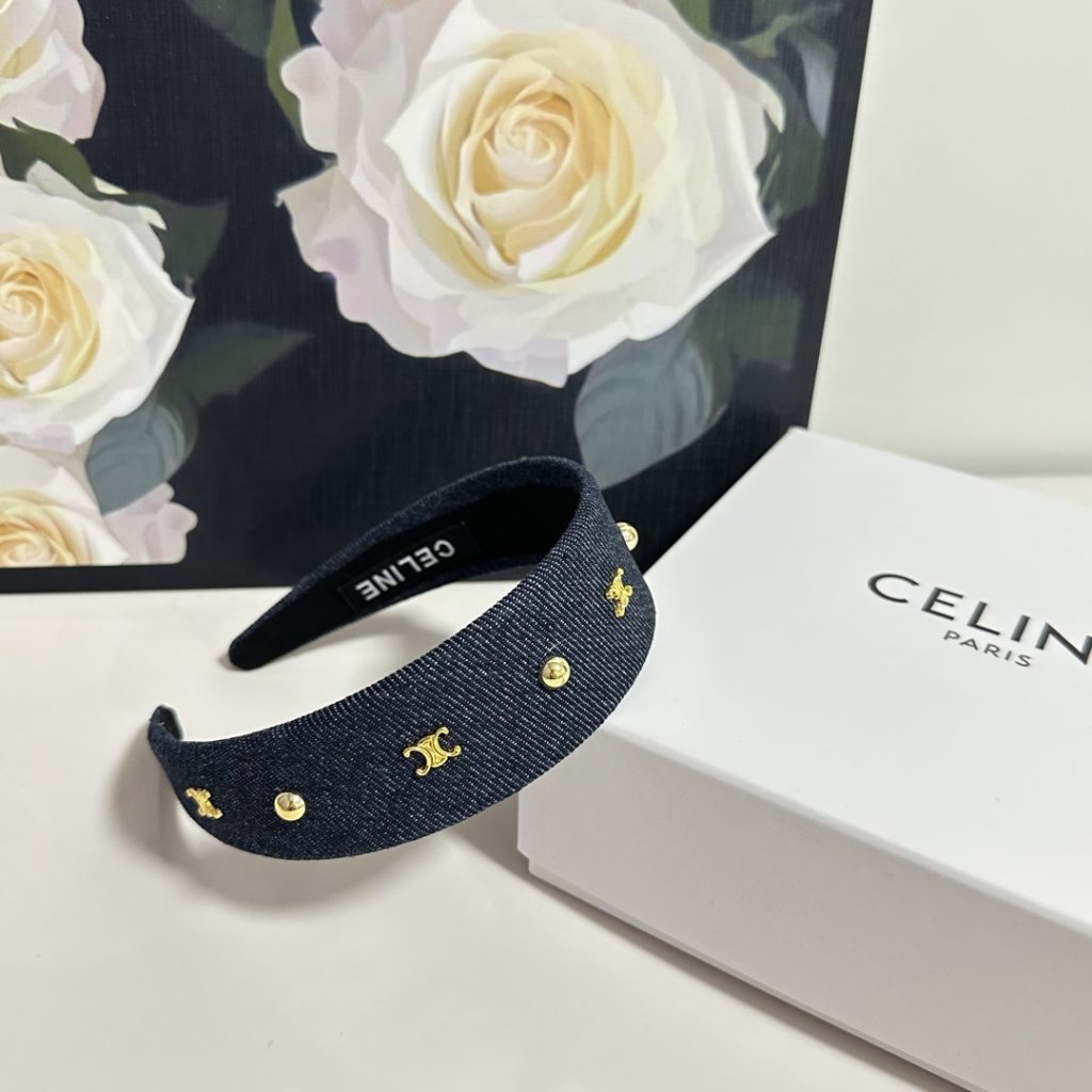 CELINE セリーヌ ヘアバンド デニム風 ロゴ ブランド トゥルーロゴ ブラック ネイビー ブルー 全3色 - 画像 3
