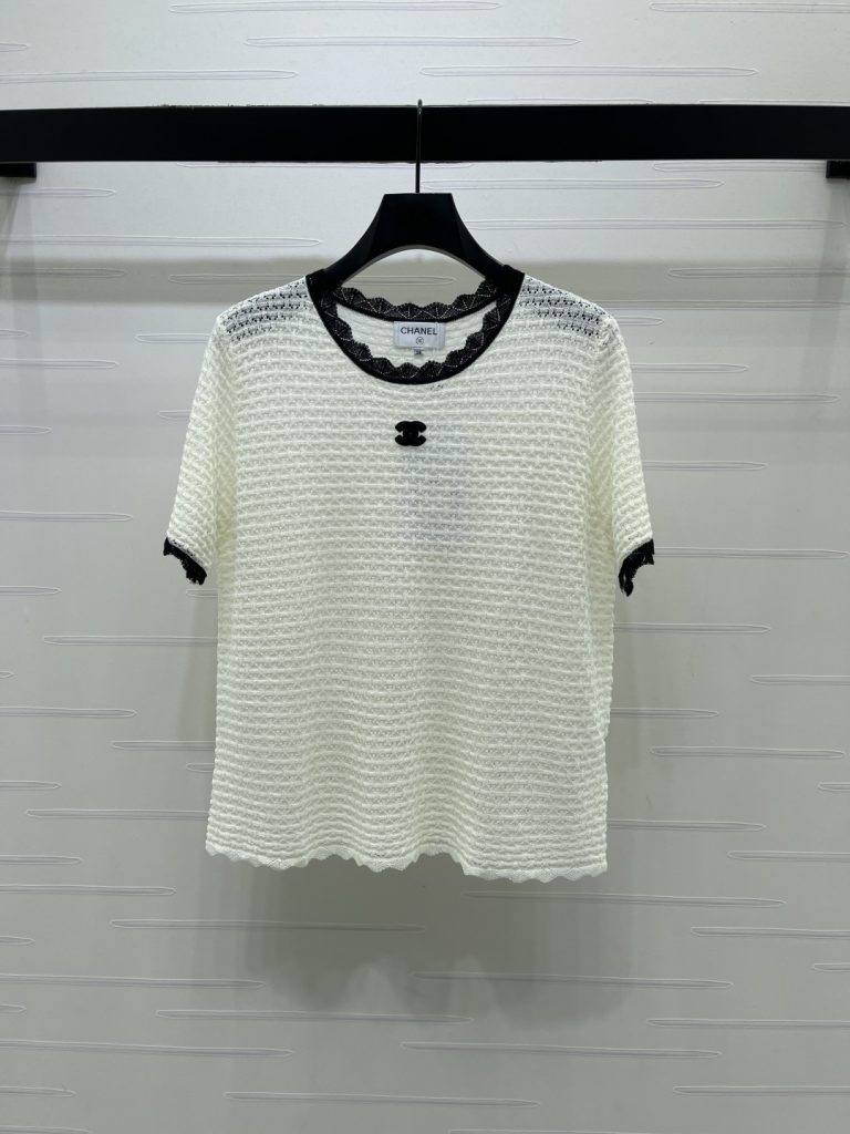 CHANEL シャネル ニット Tシャツ レディース フレア袖 ロールネック レーストリム ホワイト/ブラック - 画像 2