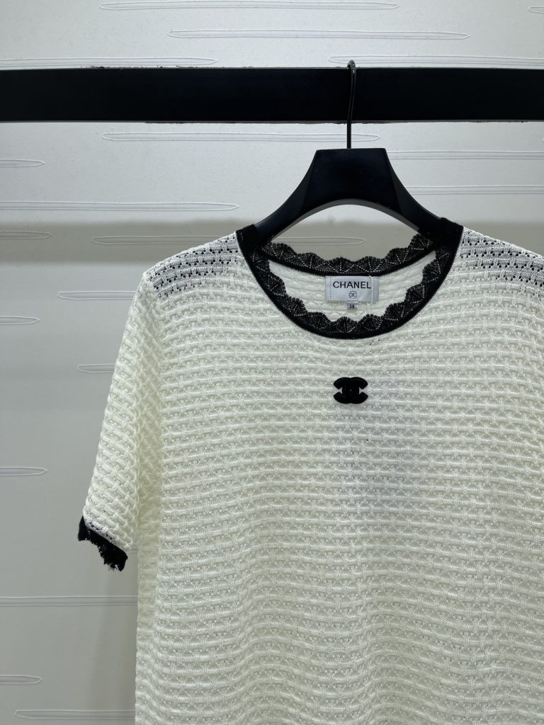 CHANEL シャネル ニット Tシャツ レディース フレア袖 ロールネック レーストリム ホワイト/ブラック - 画像 4