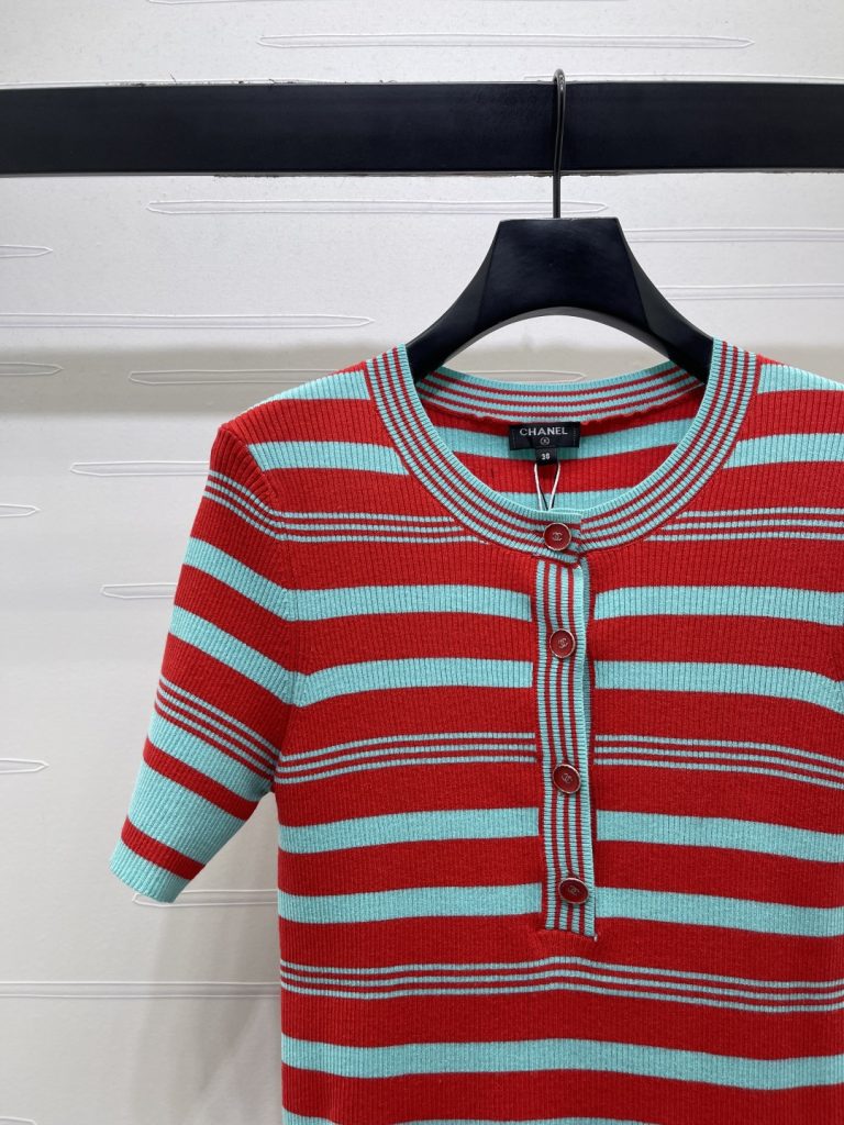 CHANEL シャネル ニット Tシャツ レディース 半開襟 リブ ストライプ レッド ブルー - 画像 3