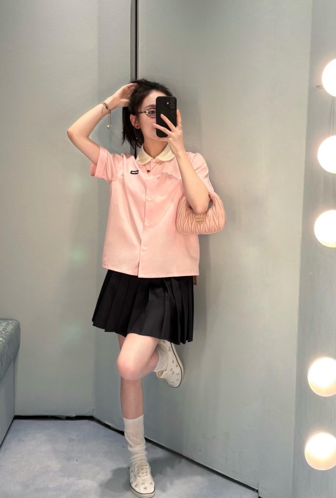 Miu* ミウ シャツ レディース 半袖 可拆卸 レース襟 ピンク - 画像 3