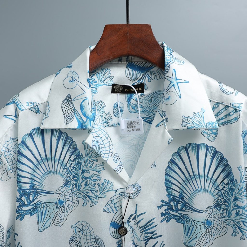 VERSACE/バレンシアガ シャツパンツセット メンズ シルク調 洋風柄 藍白 2点セット - 画像 3