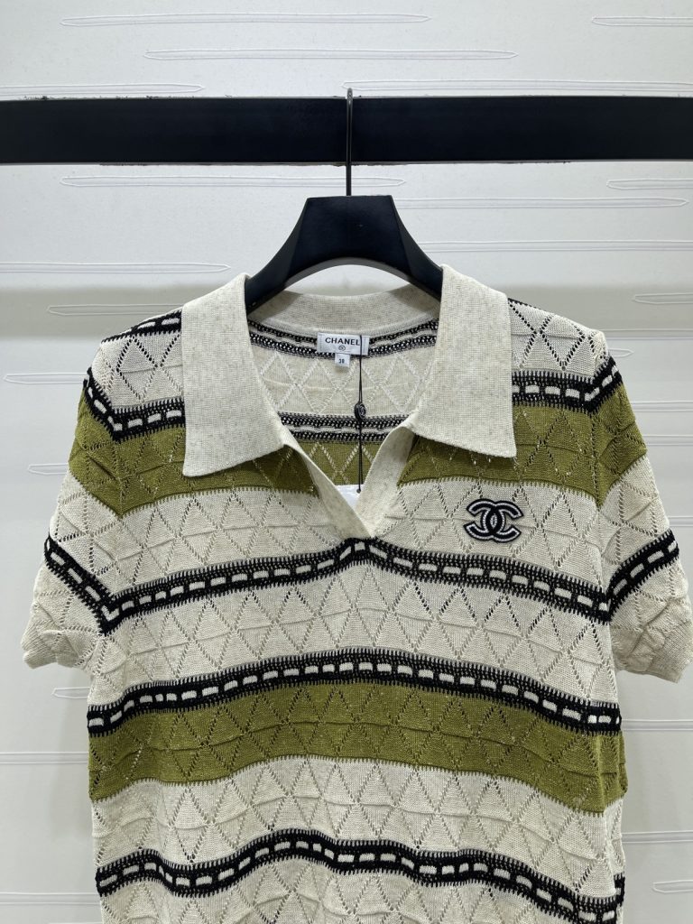CHANEL ニット 半袖 ポロシャツ コピー レディース Vネック 通気性 ファッション 1色 ホワイト/オリーブ - 画像 4