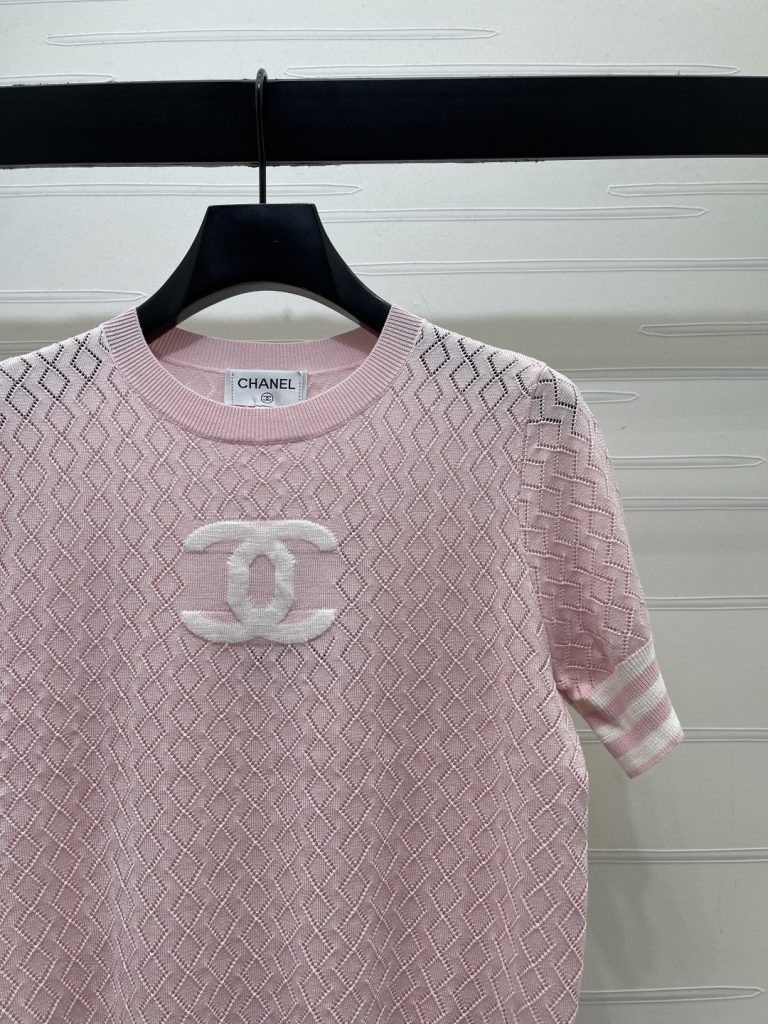 CHANEL ニット Tシャツ コピー ロゴデザイン 菱格柄 半袖 ロンT シルエット シンプル ピンク 全3色展開 - 画像 2