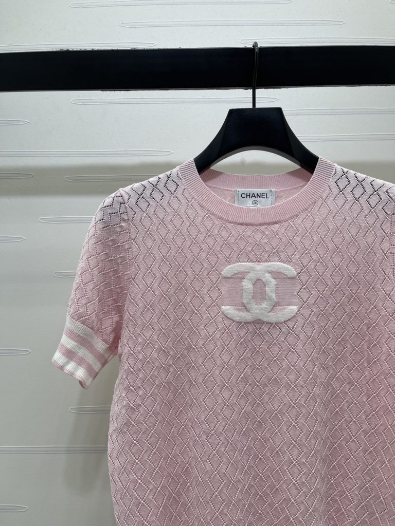CHANEL ニット Tシャツ コピー ロゴデザイン 菱格柄 半袖 ロンT シルエット シンプル ピンク 全3色展開 - 画像 3