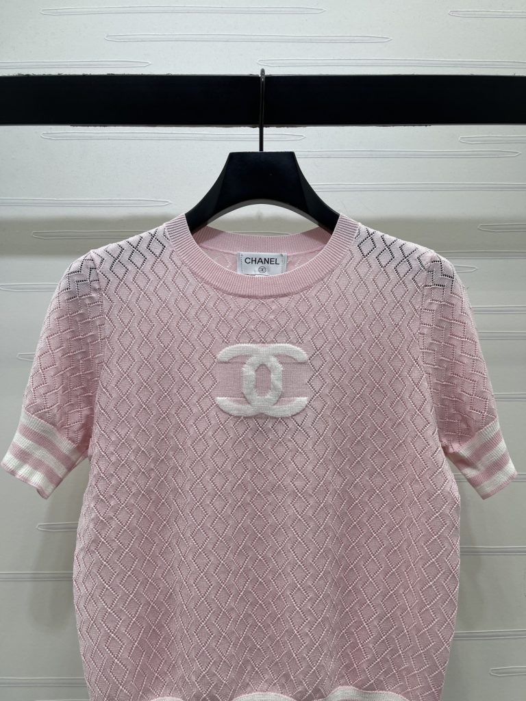 CHANEL ニット Tシャツ コピー ロゴデザイン 菱格柄 半袖 ロンT シルエット シンプル ピンク 全3色展開 - 画像 4