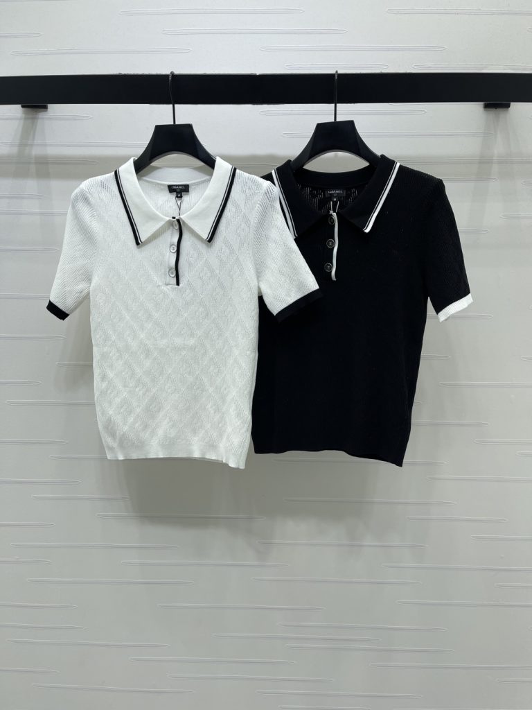 CHANEL コピー ニット ポロシャツ レディース 菱格柄 フラップカラー ダブルCボタン 2色展開 S-M-L
