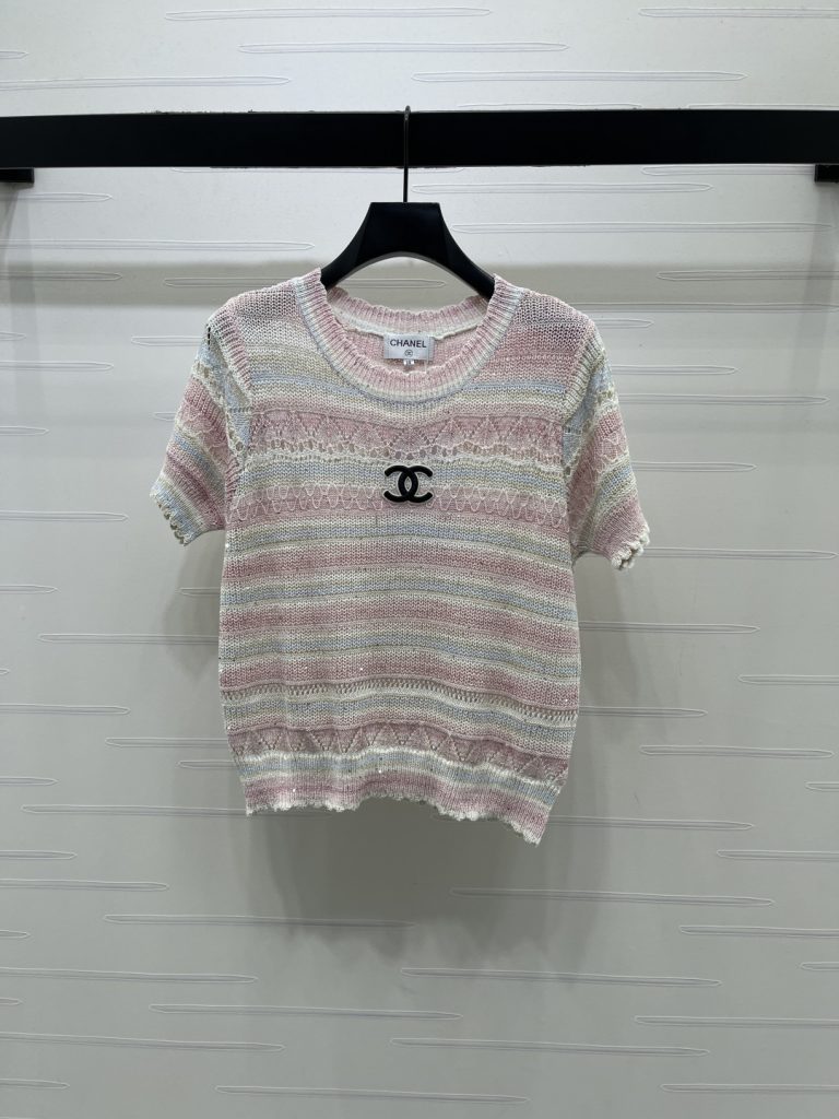 CHANEL ニットTシャツ レディース デザインニット ピンク ホワイト バルーンスリーブ…|カフェに使いやすいファッションアイテムを写…