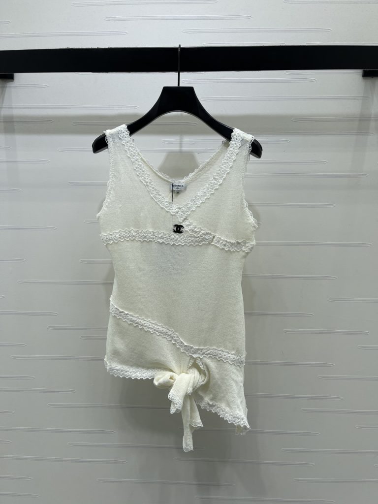 CHANEL ニット カットソー コピー レース拼接Vネック バックリボンデザイン 白 1色 - 画像 1