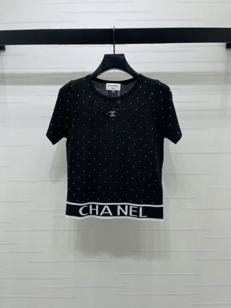 CHANEL コピー ニット Tシャツ ロゴ刺繍 ポイント刺繍 黒