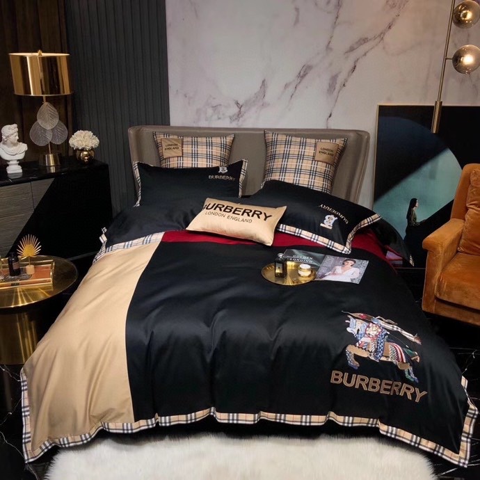 バーバリー布団カバーセット刺繍系　4点ベッド寝具セットBurberry　掛け布団カバー/ボックスシーツ　新居用品ゴージャス　ブラック - 画像 2