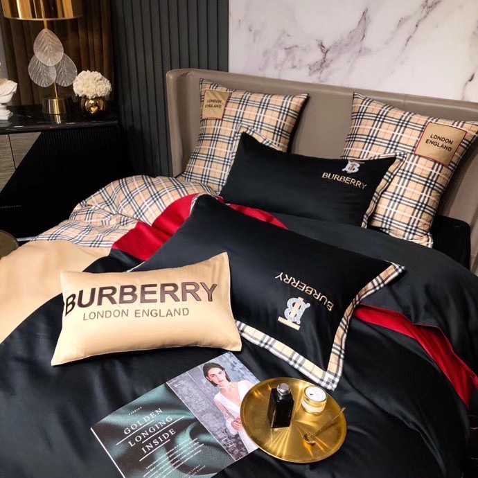バーバリー布団カバーセット刺繍系　4点ベッド寝具セットBurberry　掛け布団カバー/ボックスシーツ　新居用品ゴージャス　ブラック - 画像 4