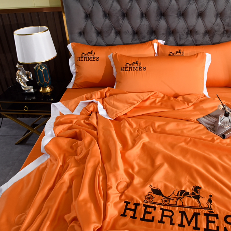 Hermes エルメス　夏布団セット4点　羽毛肌掛け布団/ベッドシーツ/枕カバー　ひんやり接触冷感キルトケット　シルク刺繍 - 画像 3