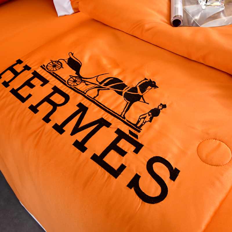 Hermes エルメス　夏布団セット4点　羽毛肌掛け布団/ベッドシーツ/枕カバー　ひんやり接触冷感キルトケット　シルク刺繍 - 画像 4