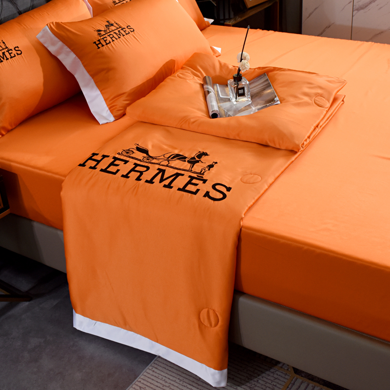 Hermes エルメス　夏布団セット4点　羽毛肌掛け布団/ベッドシーツ/枕カバー　ひんやり接触冷感キルトケット　シルク刺繍 - 画像 5