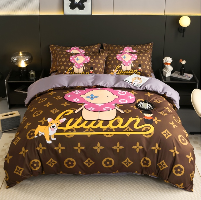 LOUIS VUITTON　ルイ ヴィトン　可愛い掛け布団カバーセット4点　ダブルサイズ/キングサイズベッド　綿生地　ベッドカバー　ピンク/ブラウン　新居寝具用品　モノグラム　2色 - 画像 2