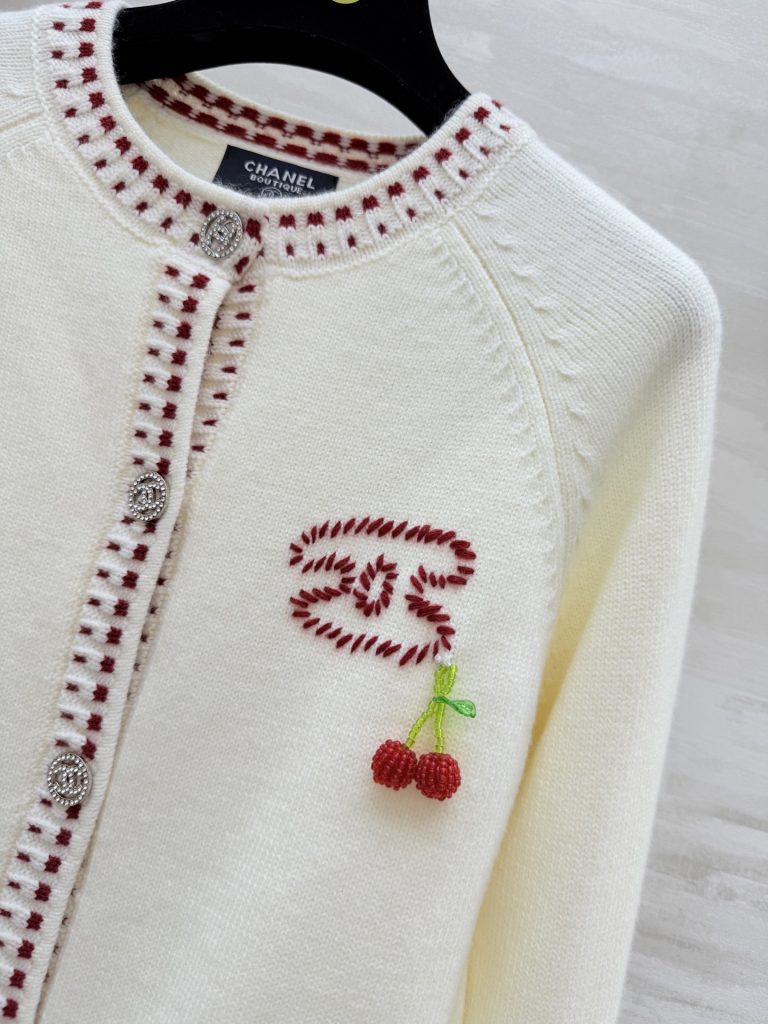 CHANEL 430 Chane2 ファッションカーディガン チェリーデザイン レッド ウール サイズ363840 - 画像 5