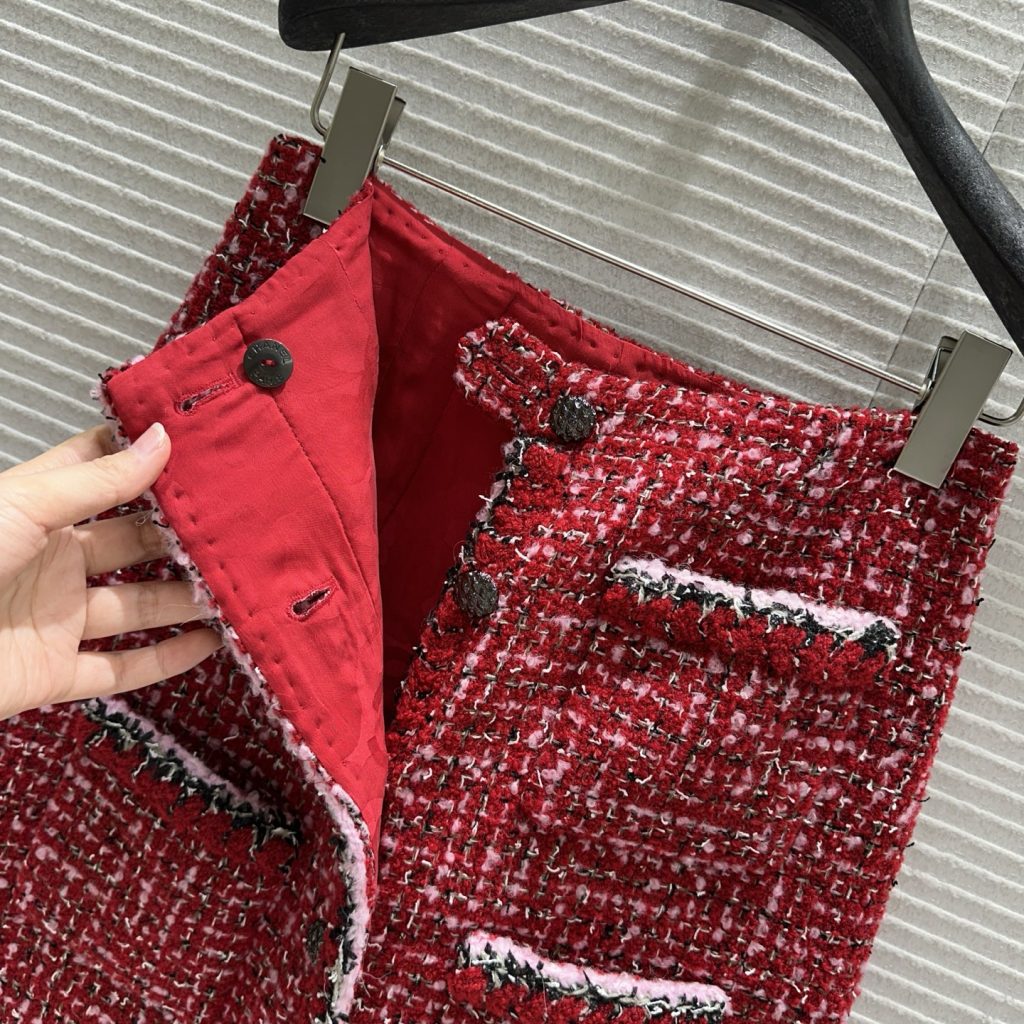CHANEL|25K|高腰|正赤色 ウール混紡 ハイウエストスカート|100%シルク裏地 - 画像 7