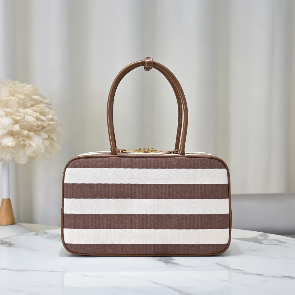 MiuMiu 5BB117 ブラウンストライプ トートバッグ キャンバス ブラウン - 画像 3