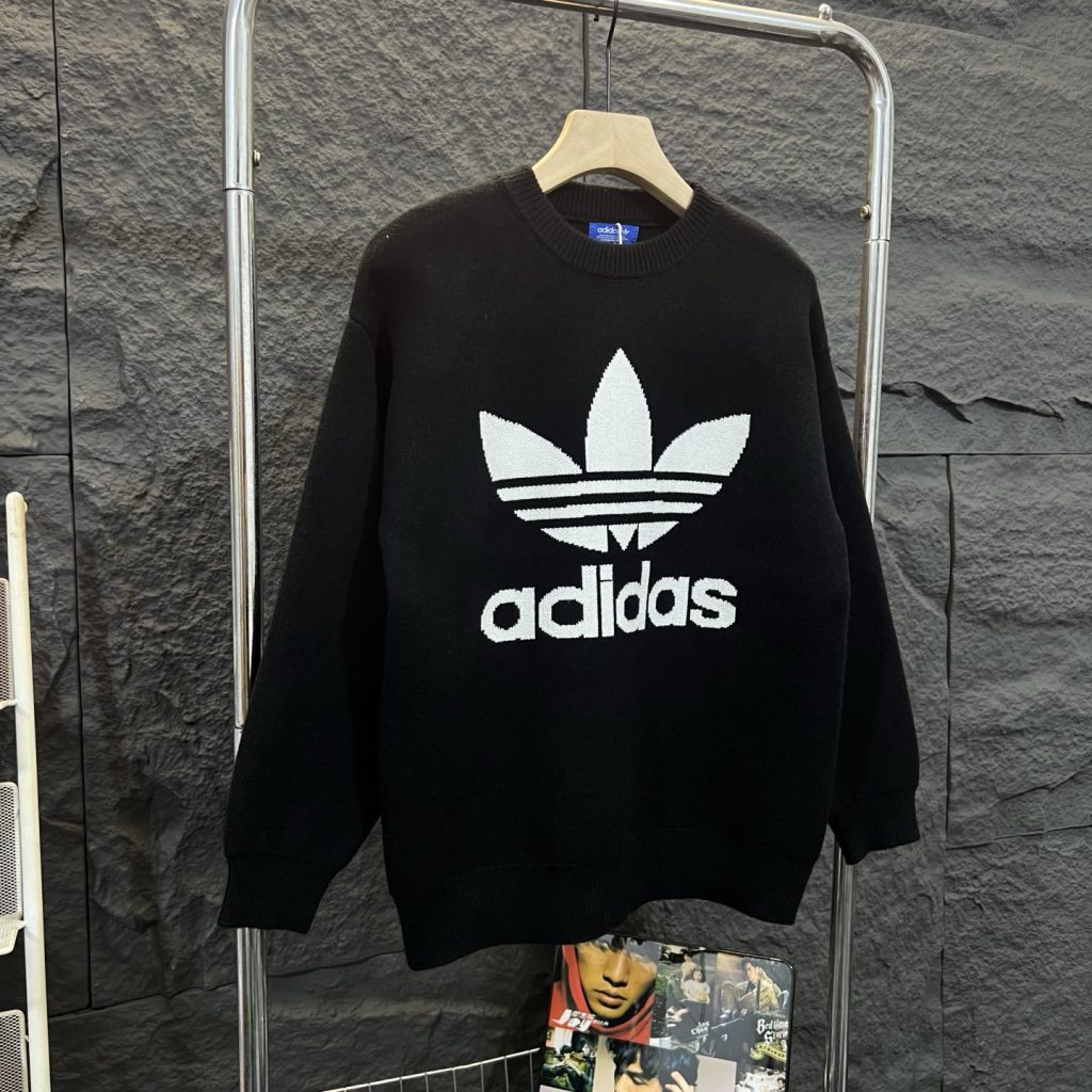 adidas セーター ロゴ編み込み ブラック 100%コットン 通勤カジュアル - 画像 3