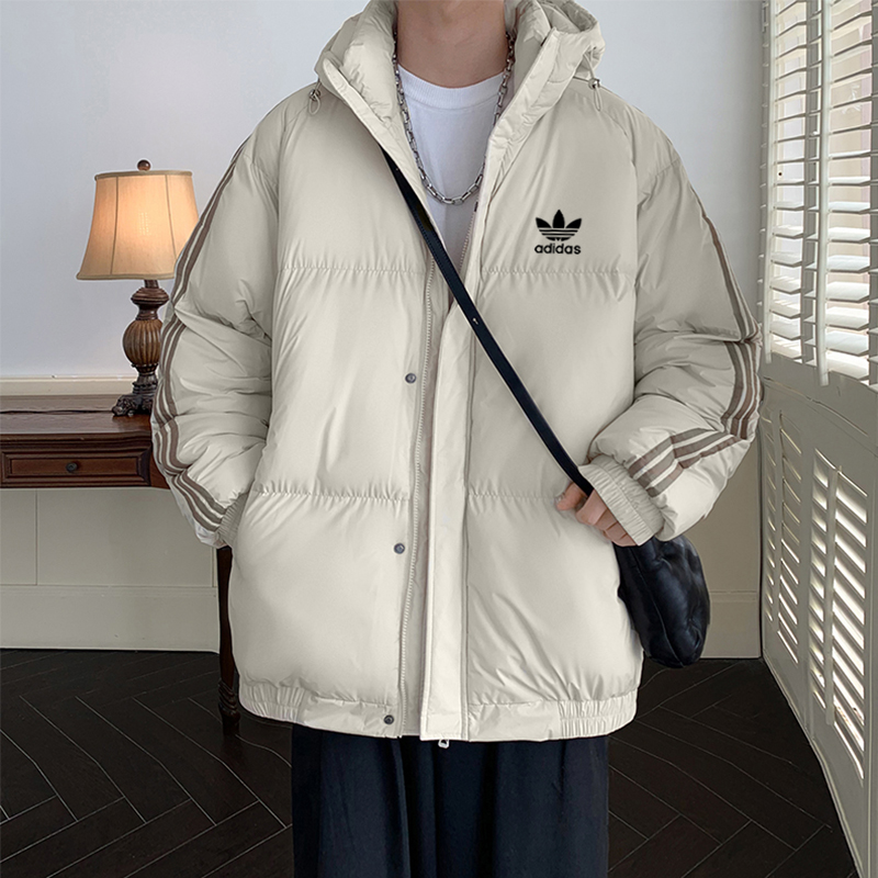 adidas ダウンジャケット パフアウター 3ストライプ フード付き 軽量保温 ブラック ホワイト レッド マルチカラー - 画像 5