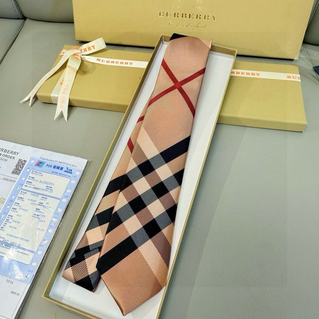 ダミエ風 ネクタイ バーバリー調 結婚式 ホスト 衣装 高級シルク調 光沢 ベージュ - 画像 6