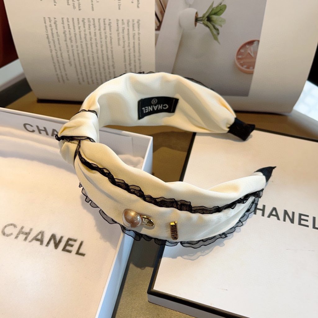 CHANEL シャネル ヘアバンド 本革 レース ピンク ブラック ベージュ 全3色 - 画像 7