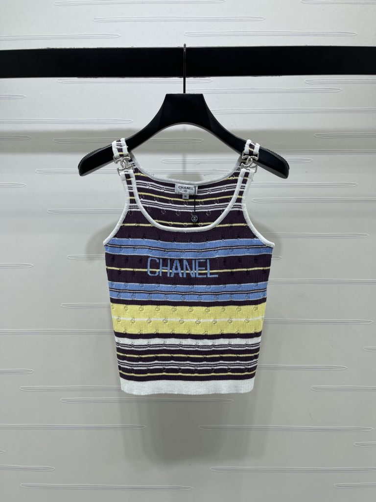 CHANEL シャネル ニット レディース タンクトップ 条纹 ロゴ ブラック ホワイト ブ…|カフェに使いやすいファッションアイテムを写…