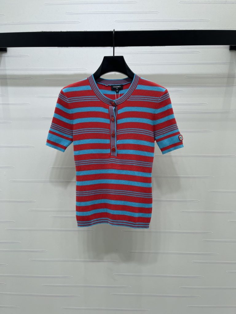 CHANEL シャネル ニット Tシャツ レディース 半開襟 ロング丈 撞色ストライプ レッ…|仕事帰りに使いやすいファッションアイテムを…