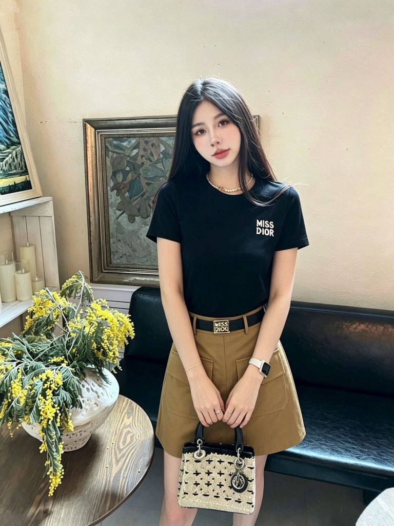 Dior ロゴ刺繍Tシャツ＆スカートセットを写真で見る、日常に馴染む白黒と黒咖