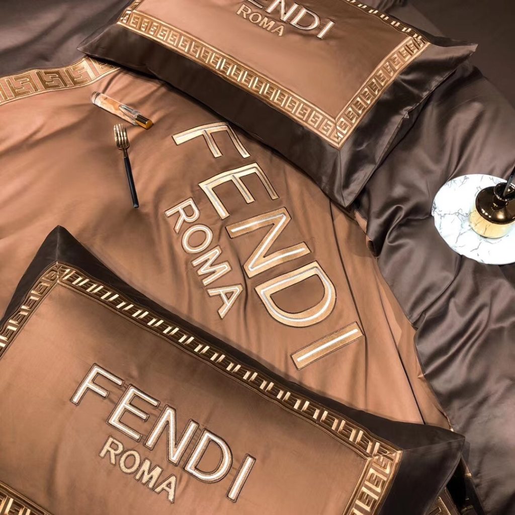 フェンディ布団カバーセット刺繍系 4点ベッド寝具セットFENDI 掛け布団カバー/ボックスシーツ 新居用品ゴージャス ブラウン - 画像 5