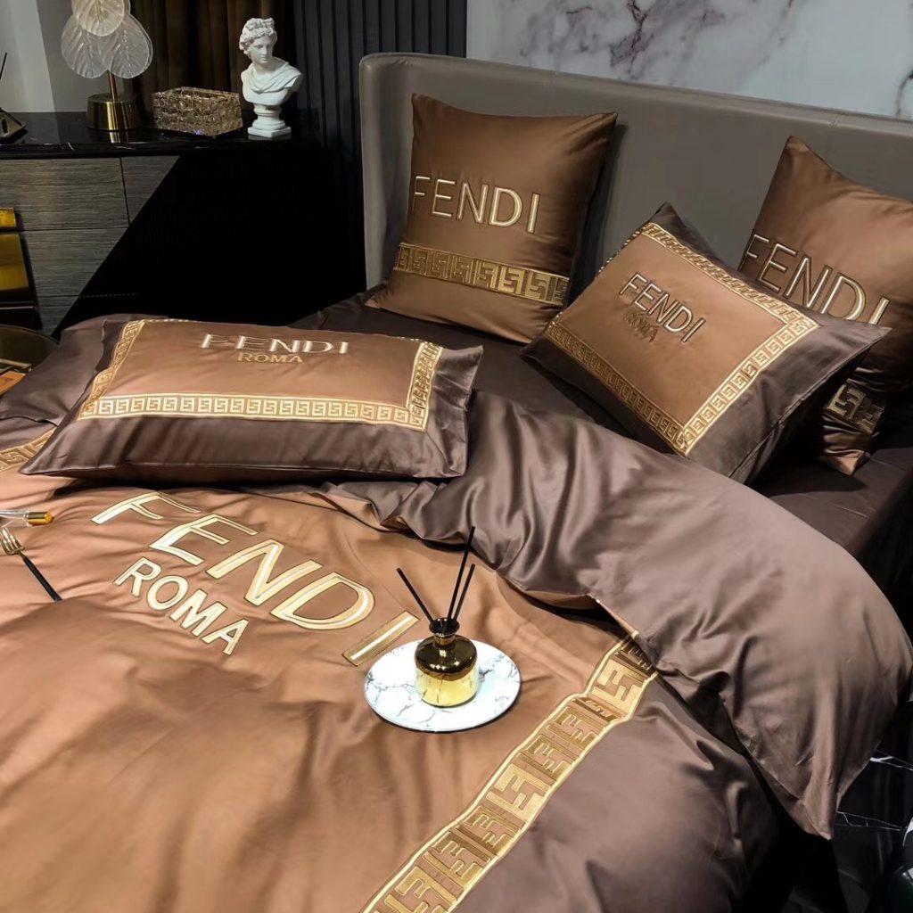 フェンディ布団カバーセット刺繍系 4点ベッド寝具セットFENDI 掛け布団カバー/ボックスシーツ 新居用品ゴージャス ブラウン - 画像 4