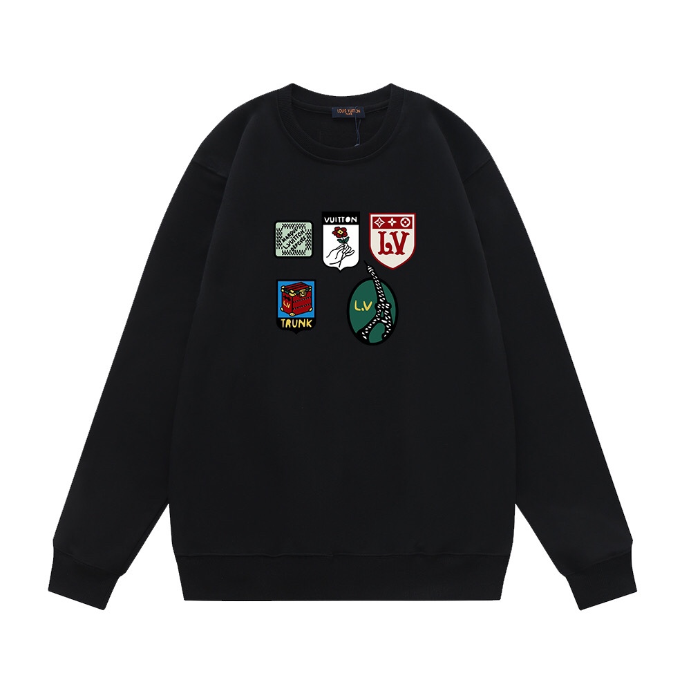 休日の街歩きに合わせる、ルイ・ヴィトン ブラック ロゴパッチスウェットシャツの見方