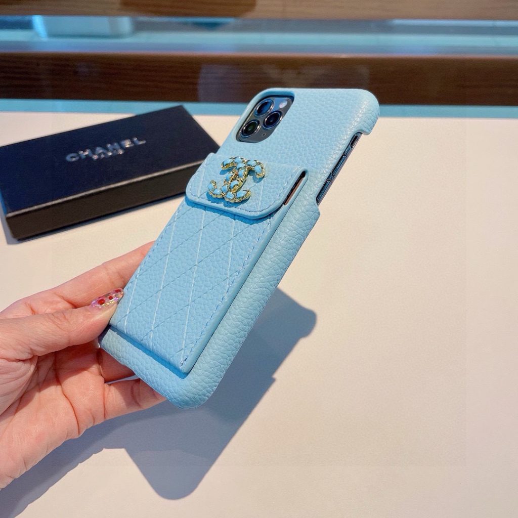 iPhoneケースシャネル風 ポケット付きスマホケース ライトブルー 2色入 - 画像 3