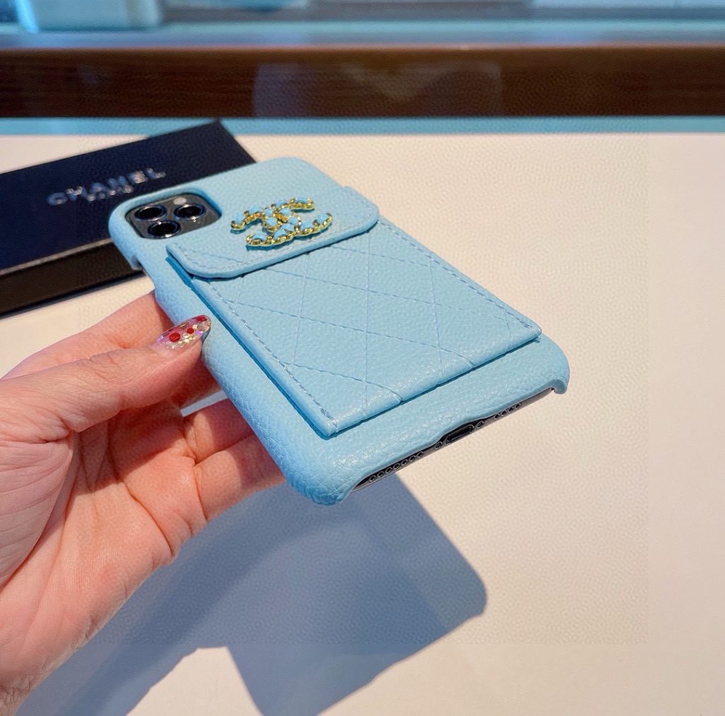 iPhoneケースシャネル風 ポケット付きスマホケース ライトブルー 2色入 - 画像 5