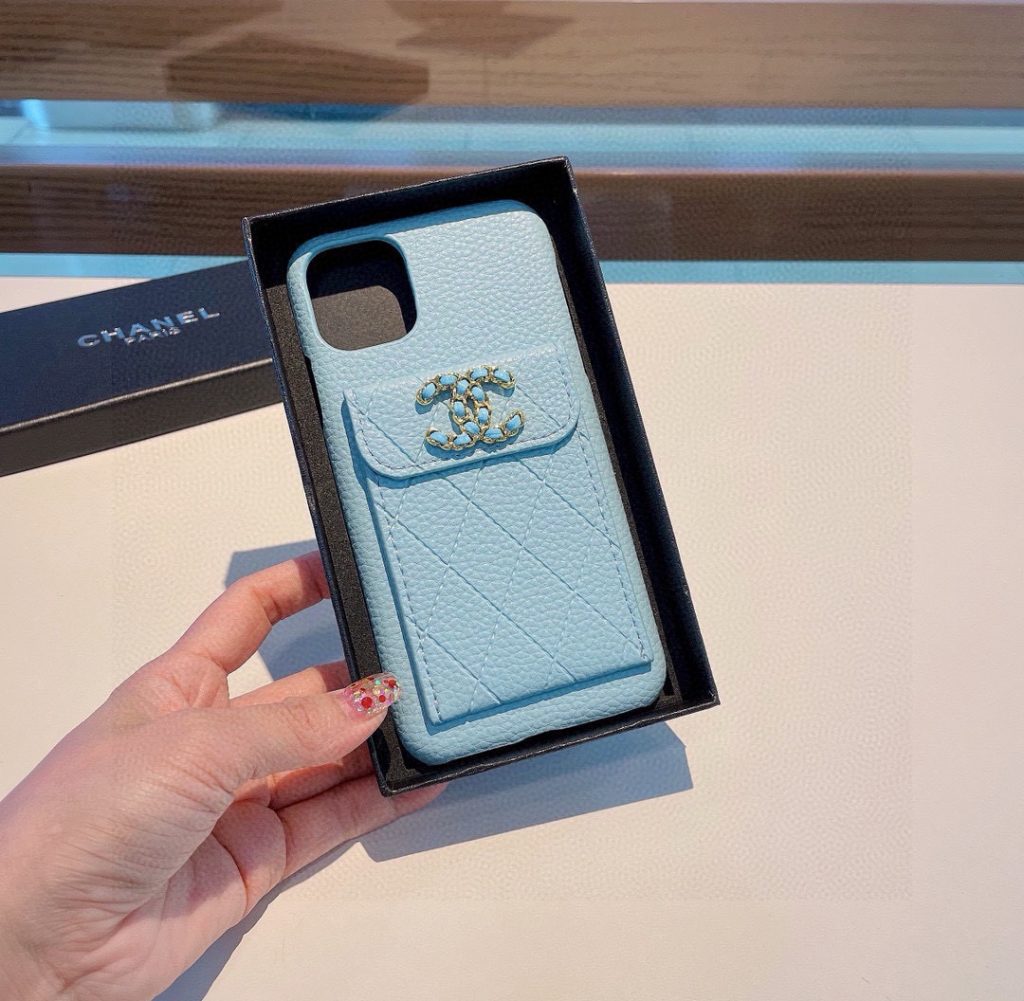 iPhoneケースシャネル風 ポケット付きスマホケース ライトブルー 2色入 - 画像 8