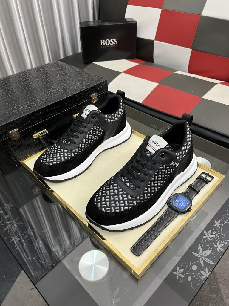 高級感のある HUGO BOSS メンズスニーカー 黒 白 メッシュ デザイン ステッチ ファッションシューズ 🥾 - 画像 2