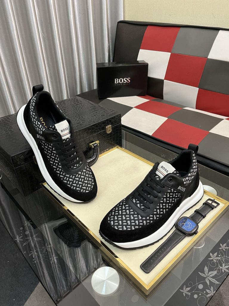 高級感のある HUGO BOSS メンズスニーカー 黒 白 メッシュ デザイン ステッチ ファッションシューズ 🥾 - 画像 3