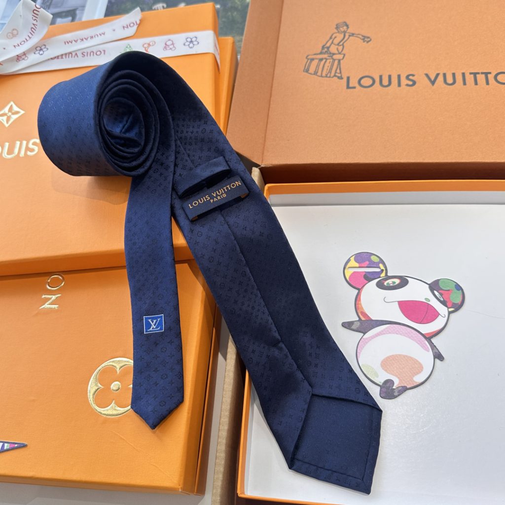 LV柄 ネクタイ ルイヴィトン調 結婚式 ホスト 衣装 高級シルク調 光沢 ネイビー - 画像 6